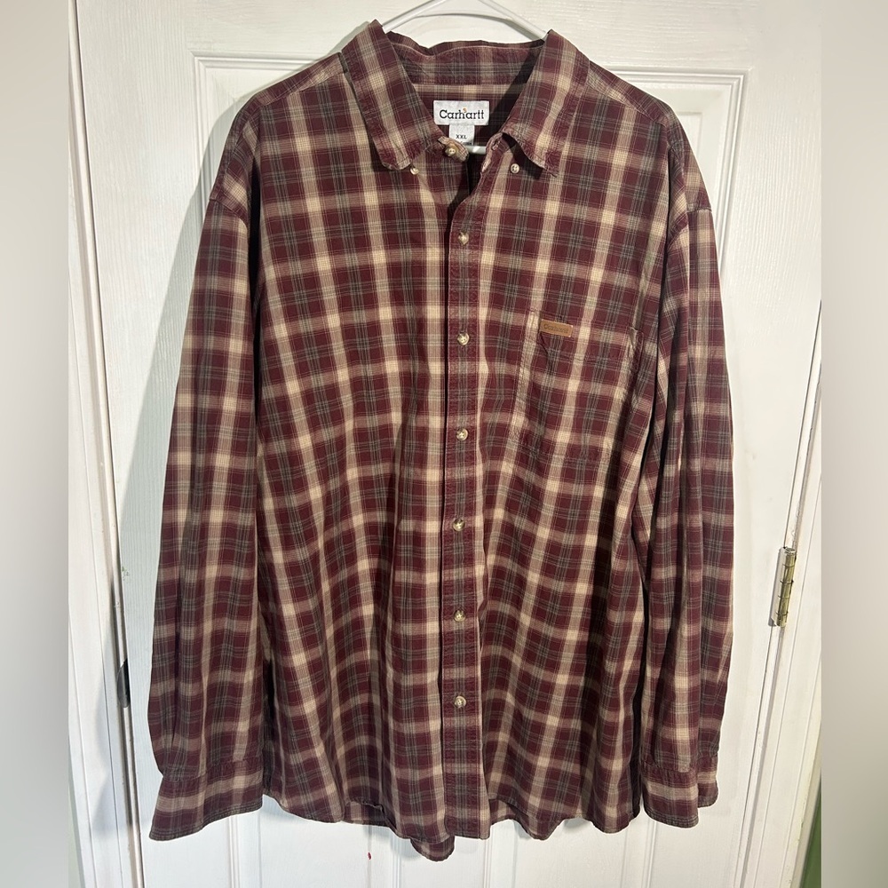Carhartt Men's Plaid Cotton Long Sleeve Shirt Size XX-Large Brown Burgundy